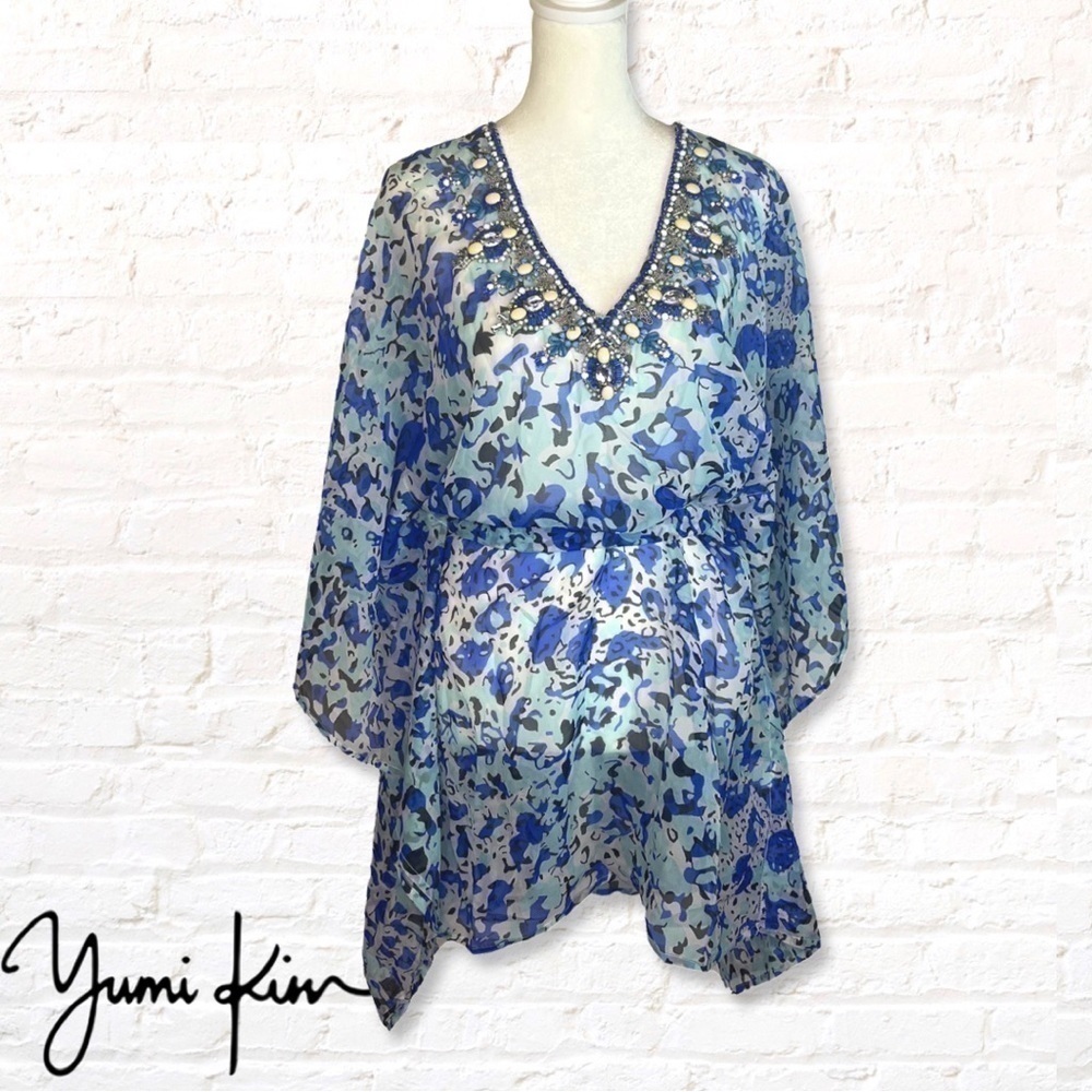 YUMI Kim exotic jungle Swim Cover Tunic kaftan Size M / L Beaded Blue - Picture 13 of 13